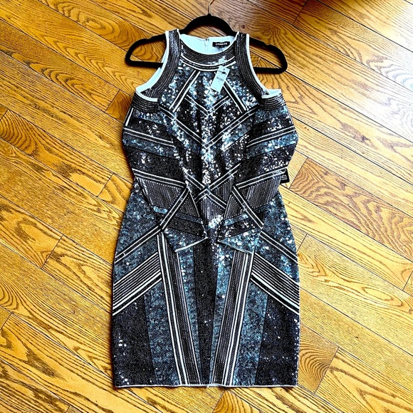 NWT Express Sequin Dress Gatsby 20s Art Deco Aztec mini dress shoulder cut out - Picture 2 of 5